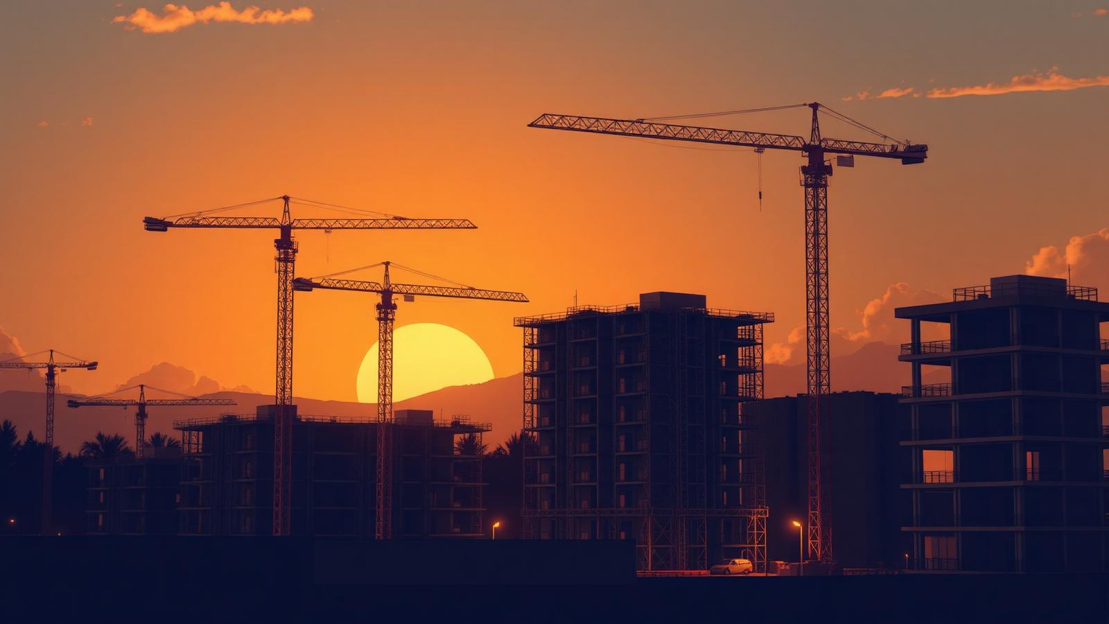 Edificios en construcción con grúas al atardecer en República Dominicana